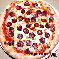 Best jumbo family size spicy pork sausage pizza Diavolina in Pula (tomato sauce, mozzarella, spicy black pork sausages chorizos)